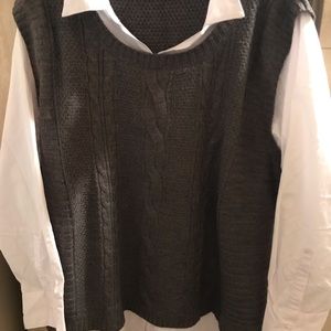 Grey sweater vest with white sleeves and collar